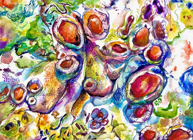 Watercolor painting of lichen in rainbow colors, looks very abstract with many shapes and textures