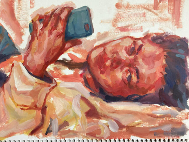 Oil painting portrait of a young person with dark hair laying on the ground and holding up their phone towards the viewer