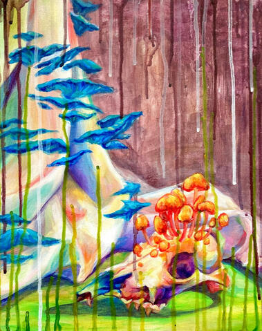 A painting of white drapery and a skull, shaded with hints of rainbow colors. There are mushrooms growing out of the skull and from the drapery. Paint drips down from the top and up from the bottom of the frame.