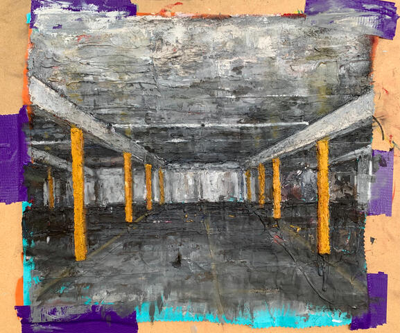 Textured oil painting of a parking garage. The painting is done on scraps of fabric and taped onto a wooden board with purple duct tape.