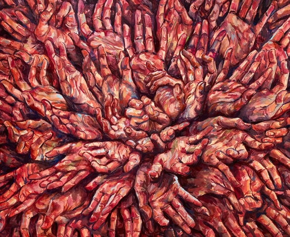 Gouache painting of many reddish hands filling the entire image, radiating outwards from the center