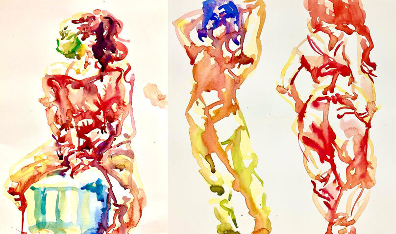 Figure drawings done in colorful water color