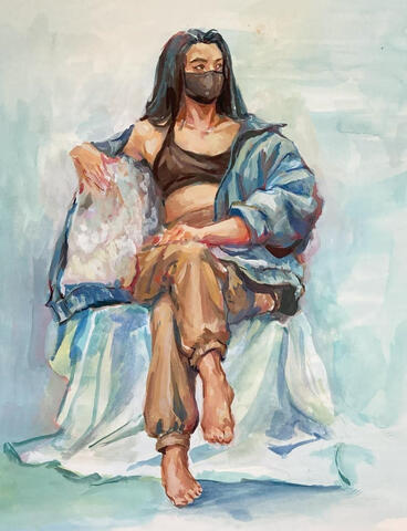 A figure painting of a model sitting on drapery. They have medium light skin, long dark hair, are wearing a black face mask, a black bra, a large blue jacket, and tan pants.