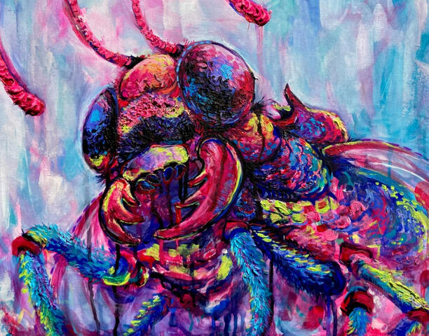 Textured painting of an up close fly-like bug, painted in neon pink, blue, and yellow green colors