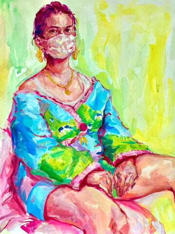 Gouache painting of a feminine person sitting on drapery. They are wearing a white face mask and a blue and green cow knitted cardiagn. The background is bright green and the portrait is done with many pink colors