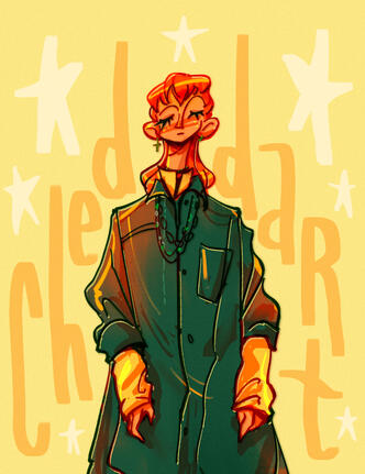 Stylized illustration of a person with orange hair in a mullet haircut, a large green oversized jacket, long beaded necklace, a cross earing on their right ear, and yellow long sleeves, with their eyes closed. The background of the illustration is light ye