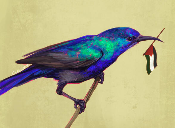 An illustration of a palestinian sunbird holding a palestinian flag in its beak. It is perched on a twig, with a plain beige background. It is painted in a realistic style with hints of neon pink colors.