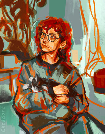Illustration of the singer "Cavetown" holding their cat with vague plants and furniture in the background. There is a teal and orange focused color scheme and the illustration is in a block-y rough painterly style.