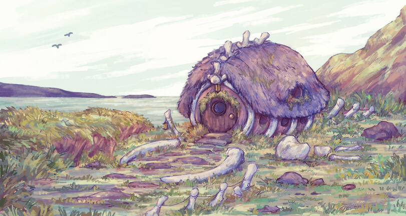 A storybook style illsutration of a cottage on a hilly landscape near the ocean. The cottage is constructed from whale bones and the other skeletal elements are nearby, forming fencing. The cottage has a thatched roof and a round brown wooden door. The sky