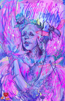 Illustrative poster with pink, purple and blue color scheme. There is vertically stretched handwritten text in the top left corner that reads "transcendental." An androgynous figure with purple skin is depicted with their eyes closed and arms hugging thems
