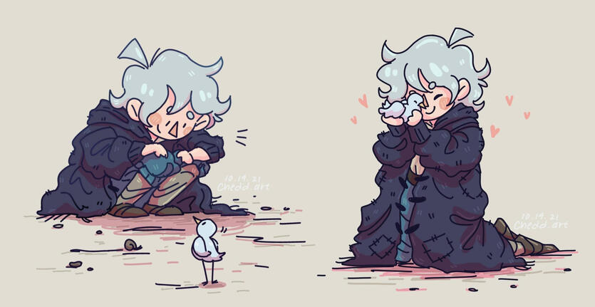 A cartoon-style kid with light blue/gray bushy hair, a large navy blue coat, teal pants, and brown shoes observes a long-legged white bird. On the right side of the image is the same kid holding the bird lovingly, with hearts around them. The background is