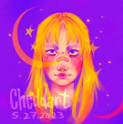 Illustration of the face of a girl with yellow hair, pink cheeks, and a bandaid on her nosebridge. The background is a bright pinkish purple color, and there are yellow star shapes and a crescent moon shape overlapping her face.