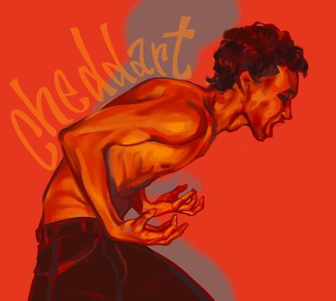 A digital painting of a young man wearing dark jeans and no shirt leaned over and appearing to be screaming. The background is red and the shading of his skin is also very red. He has short wavy dark colored hair.