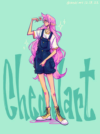 Illustration of a tall skinny person with pale skin and long pink hair that goes down to their thighs. They are wearing yellow converse high top style shoes, dark blue overall shorts, and a white shirt with yellow borders on the sleeves and collar. They ha