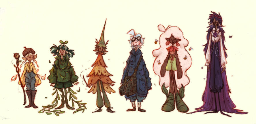 6 characters standing in a line, arranged from shortest on the left to tallest on the right. They are in a sketchy cartoony style and each have unique silhouettes and color palettes. Many have nature motifs, with acorns, bees, flowers, leaves, deer antlers