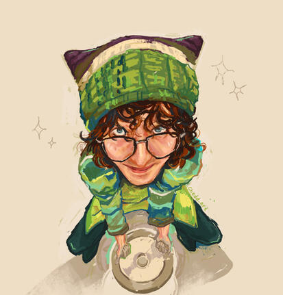 Illustration of the music artist cavetown from an extreme top down perspective. They are sitting at a pottery wheel with clay on their hands. And wearing a green outfit and a green rectangular shaped crocheted hat