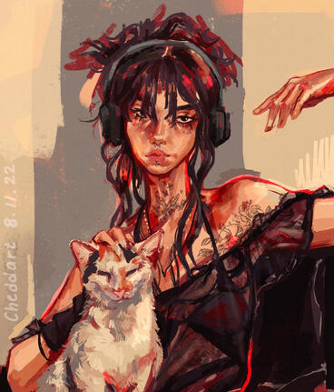 A rough digital painting of a feminine person with medium light skin, dark hair medium-length slightly wavy hair, petting a calico cat. The person has a septum and lip piercings and tattoos visible on their collarbone and neck area. They are wearing a shee