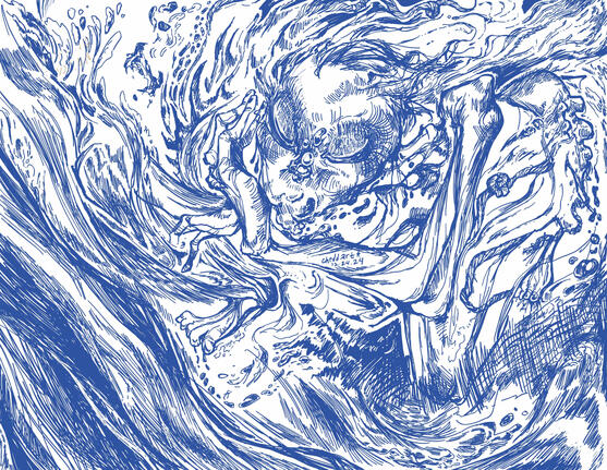 A blue linework illustration of a bony androgenous mermaid-like figure amid waves and texture. There is a lot of detail in the drawing which makes it hard to interpret on a first glance. The figure is leaned over with their chin on their hand. They are sur