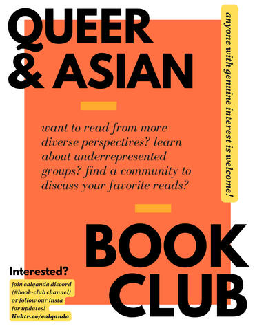 flyer for queer & asian book club. bold black serif text on orangey red blocked color with yellow highlights