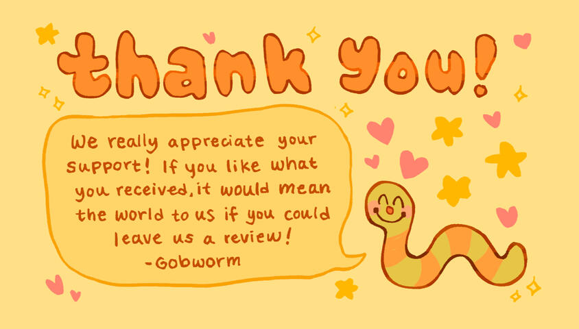 Gobworm thank you card design with a yellow/orange color scheme and an illustrated worm surrounded by hearts and stars.
